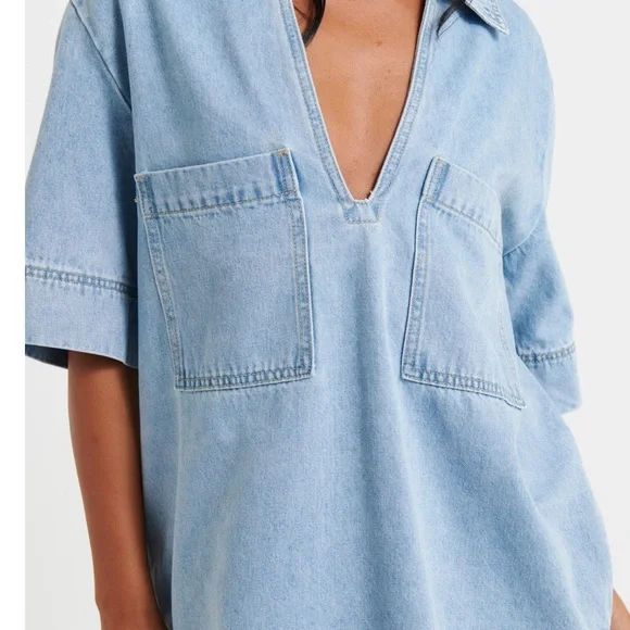 By Frankie Rhythm Mini Denim Dress is color Sky Blue - Picture 2 of 14